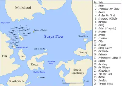 A map designating the locations where the German ships were sunk