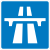 UK motorways symbol - a blue sign with a white symbol of a bridge crossing two carriageways