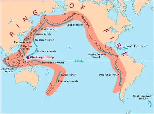 Ring of fire map showing lines of vulcanos