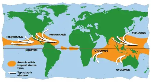 Global map showing common hurricane prone areas