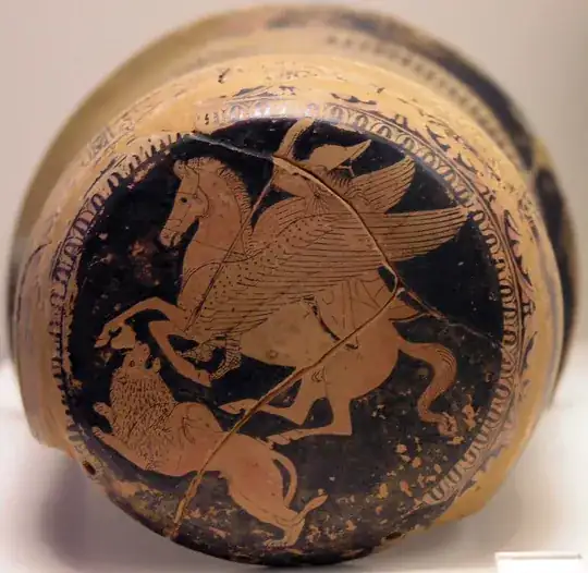Bellerophon on Pegasus spears the Chimera, on an Attic red-figure epinetron, 425–420 BC
